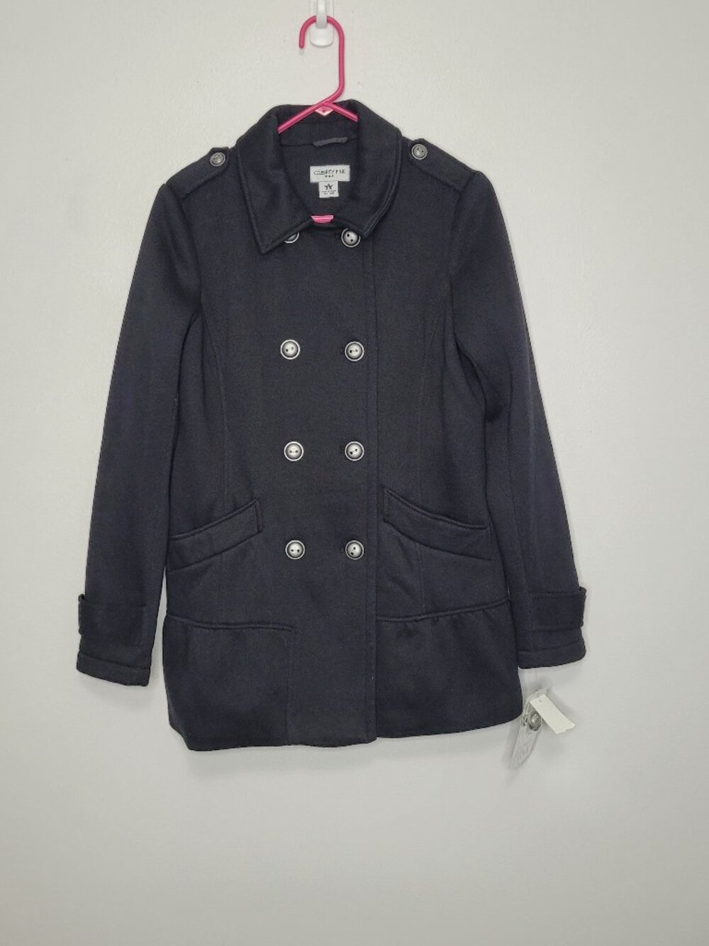 Celebrity Pink black cotton blend double breasted military vibe peacoat L NWT